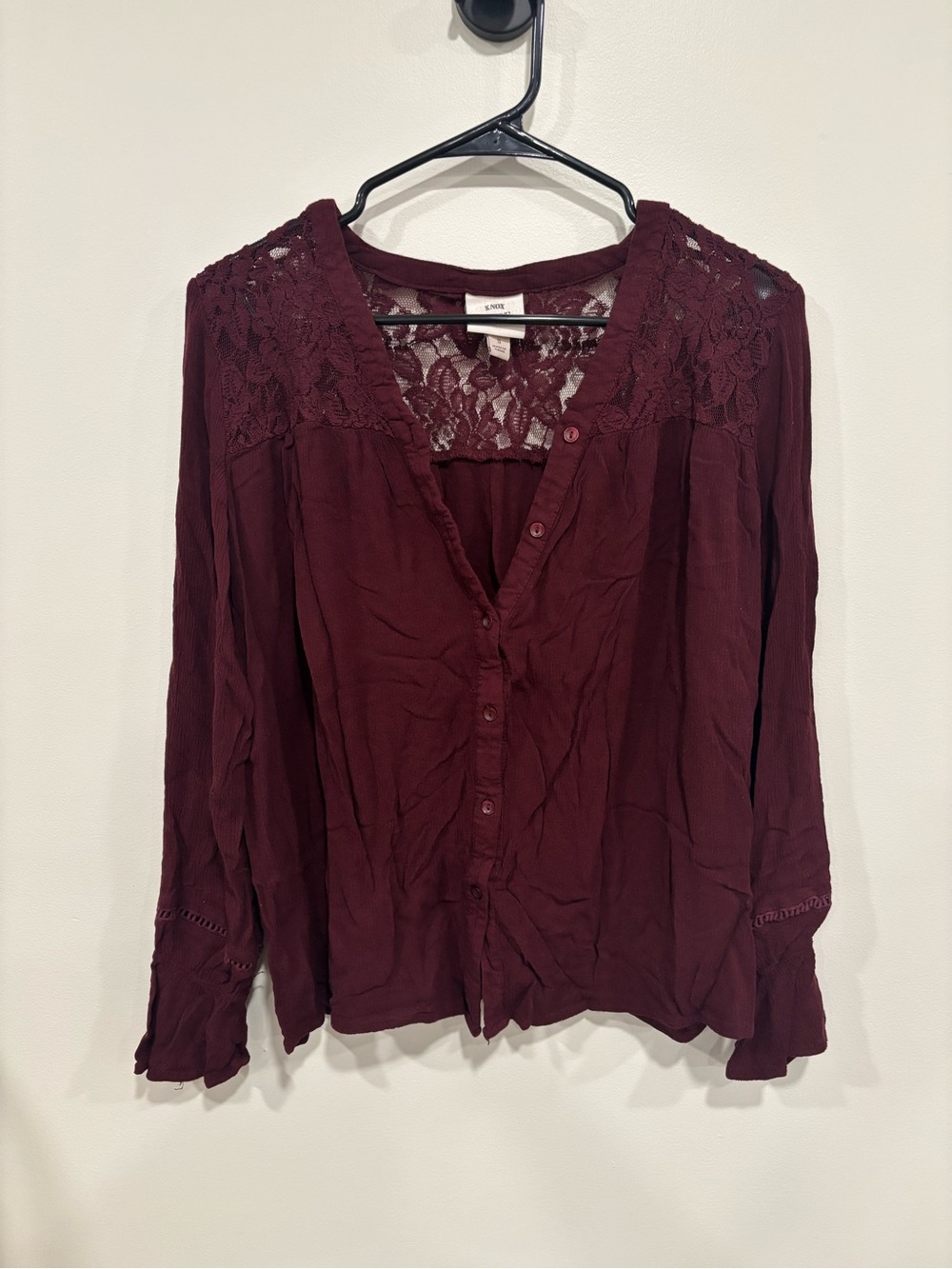 Knox Rose Burgundy Lace-Yoke Button Down Blouse